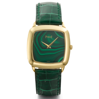 PIAGET - A YELLOW GOLD CUSHION-FORM WRISTWATCH WITH MALACHITE DIAL CIRCA 1980