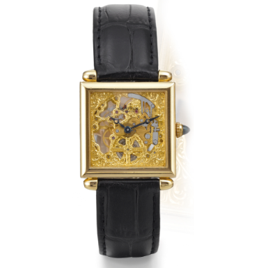 CARTIER - A LIMITED EDITION YELLOW GOLD SKELETONIZED SQUARE WRISTWATCH CIRCA 1997 REF 2380C OBUS NO 42/100