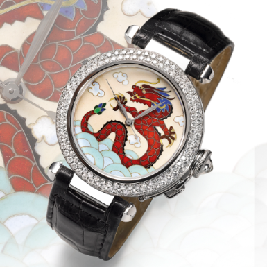 CARTIER - A LIMITED EDITION WHITE GOLD AND DIAMOND-SET AUTOMATIC CENTER SECONDS WRISTWATCH WITH CLOISONN