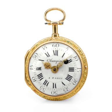 CHAMPION, A PARIS - A YELLOW GOLD AND ENAMEL QUARTER REPEATING VERGE POCKET WATCH CIRCA 1800