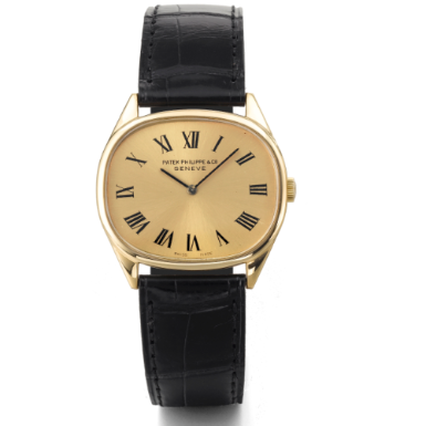 PATEK PHILIPPE - A YELLOW GOLD OVAL WRISTWATCH CIRCA 1975 REF 3845 MVT 1324387 CASE 535038