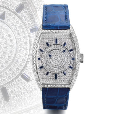 FRANCK MULLER - A FINE WHITE GOLD, DIAMOND AND SAPPHIRE-SET TONNEAU-FORM AUTOMATIC WRISTWATCH CIRCA 2004 REF 5850 DOUBLE MYSTERY