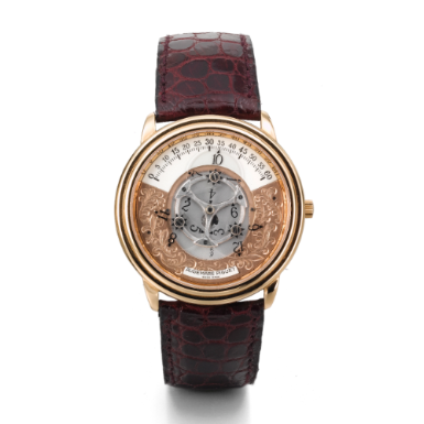 AUDEMARS PIGUET - A PINK GOLD AUTOMATIC WRISTWATCH WITH WANDERING HOURS AND ENGRAVED DIAL CIRCA 1990 STAR WHEEL