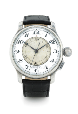 LONGINES - RETAILED BY WITTNAUER: AN OVERSIZED SILVER CENTER SECONDS PILOTS WATCH CIRCA 1940