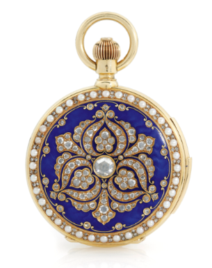 MARCKS & CO LTD - AN 18K YELLOW GOLD, DIAMOND, ENAMEL AND PEARL-SET HUNTING CASED MINUTE REPEATING KEYLESS WATCH MADE FOR THE INDIAN MARKET CIRCA 1895