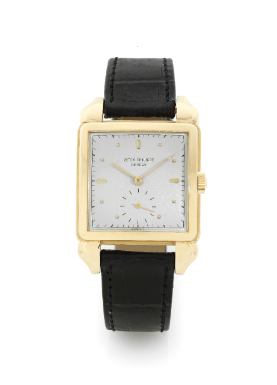 PATEK PHILIPPE - AN 18K YELLOW GOLD SQUARE WRISTWATCH WITH UNSUAL LUGS 1949 REF 2424J MVT 952592 CASE 652045