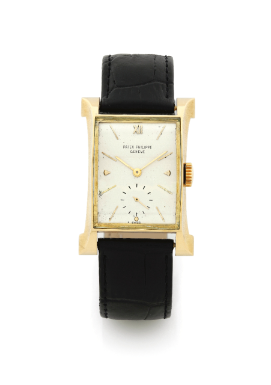 PATEK PHILIPPE - AN 18K YELLOW GOLD RECTANGULAR WRISTWATCH WITH FLARED LUGS 1949 REF 2441 MVT 971062 CASE 653883 'EIFFEL TOWER