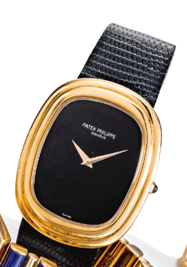 PATEK PHILIPPE - AN 18K YELLOW GOLD OVAL WRISTWATCH WITH ONYX DIAL 1978 REF 3730 ELLIPSE MVT 1326769 CASE 2764144