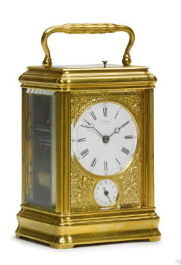 DROCOURT, PARIS - A GILT BRASS GRANDE ET PETITE SONNERIE, QUARTER REPEATING, GORGE STRIKING CARRIAGE CLOCK WITH ALARM, RETAILED BY VICTOR FLEURY, RUE DE LA PAIX, PARIS CIRCA 1875 NO 11926