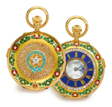 Various Owners - MARCKS & CO. L.D. BOMBAY & POONA - ORDER OF THE STAR OF INDIA A RARE AND MAGNIFICENT 18K GOLD ENAMEL DIAMOND MINUTE REPEATING HUNTER CASED WATCH WITH PERPETUAL CALENDAR AND MOON PHASES, MADE FOR THE INDIAN MARKET CIRCA 1884 NO B/6352