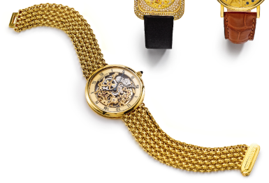 BREGUET - AN 18K YELLOW GOLD AUTOMATIC SKELETONIZED BRACELET WATCH CIRCA 1995