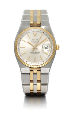 ROLEX - A STAINLESS STEEL AND YELLOW GOLD AUTOMATIC CENTRE SECONDS BRACELET WATCH WITH DATE CIRCA 1977 REF 1630 DATEJUST