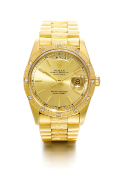 ROLEX - AN 18K YELLOW GOLD AND DIAMOND-SET AUTOMATIC CENTRE SECONDS WRISTWATCH WITH DAY, DATE AND BRACELET CIRCA 1991 REF 18308 DAY-DATE