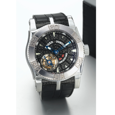 ROGER DUBUIS - A LIMITED EDITION STAINLESS STEEL AND CARBON FIBER FLYING TOURBILLON WRISTWATCH CIRCA 2005 EASY DIVER NO 21/280