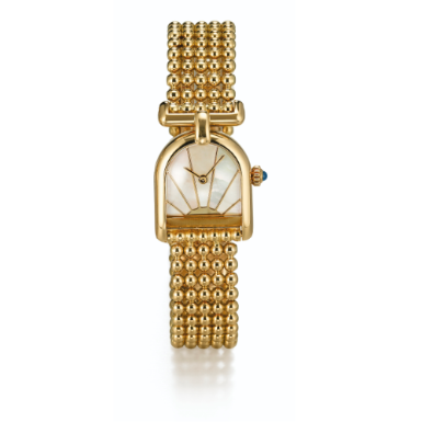 CARTIER - A LADY'S YELLOW GOLD STIRRUP SHAPED WRISTWATCH WITH BRACELET AND MOTHER-OF-PEARL DIAL CIRCA 1995