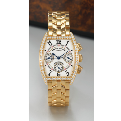 FRANCK MULLER - A YELLOW GOLD AND DIAMOND-SET TONNEAU-FORM CHRONOGRAPH WRISTWATCH WITH REGISTERS AND BRACELET CIRCA 1995 REF 7502 CC DP NO 23