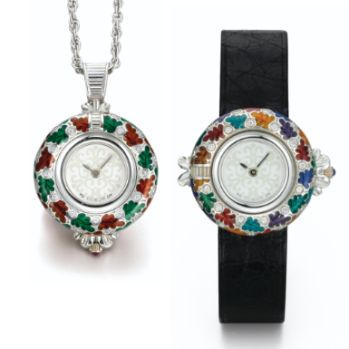CORUM - A LOT OF TWO LADY'S WHITE GOLD, DIAMOND-SET AND ENAMEL WATCHES CIRCA 1995