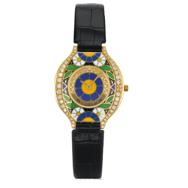 CORUM - A LADY'S YELLOW GOLD, DIAMOND-SET AND ENAMEL TONNEAU SHAPED WRISTWATCH CIRCA 2000