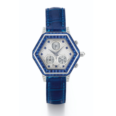 PIAGET - A LADY'S FINE WHITE GOLD, SAPPHIRE AND DIAMOND-SET CHRONOGRAPH HEXAGONAL WRISTWATCH WITH REGISTERS CIRCA 1995 'HAUTE COMPLICATION PIECE UNIQUE