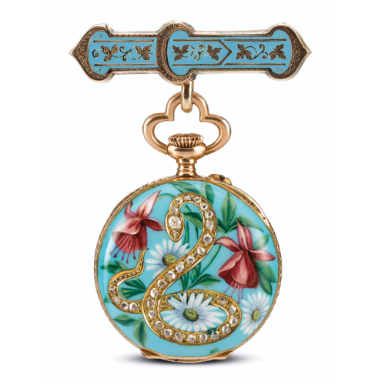 SWISS - A YELLOW GOLD, ENAMEL AND DIAMOND-SET OPEN-FACED KEYLESS FOB WATCH, RETAILED BY BEYER & SOHN, ZURICH CIRCA 1900
