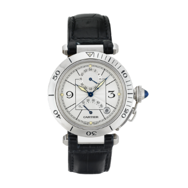 CARTIER - A STAINLESS STEEL AUTOMATIC DUAL TIME ZONE CENTER SECONDS WRISTWATCH WITH POWER RESERVE AND DATE CIRCA 2001 PASHA