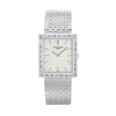 PATEK PHILIPPE - A WHITE GOLD DIAMOND-SET RECTANGULAR BRACELET WATCH 1974 REF 3540/2 MVT 1178438 CASE 2738265