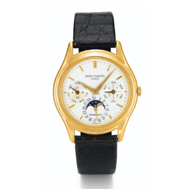 PATEK PHILIPPE - A FINE AND VERY RARE YELLOW GOLD AUTOMATIC PERPETUAL CALENDAR WRISTWATCH WITH MOON-PHASES, 24-HOUR, LEAP YEAR INDICATION AND TIFFANY DIAL CIRCA 1986 REF 3941J MVT 771598