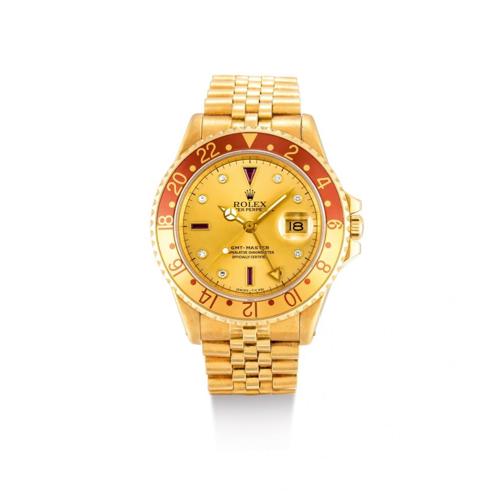 ROLEX | GMT-MASTER, REFERENCE 16758, A YELLOW GOLD, DIAMOND AND RUBY-SET DUAL TIME ZONE WRISTWATCH WITH DATE AND BRACELET, CIRCA 1987 | 勞力士 | GMT-Master 型號16758 黃金鑲鑽石及紅寶石兩地時間鏈帶腕錶，備日期顯示，錶殼編號R288227，約1987年製