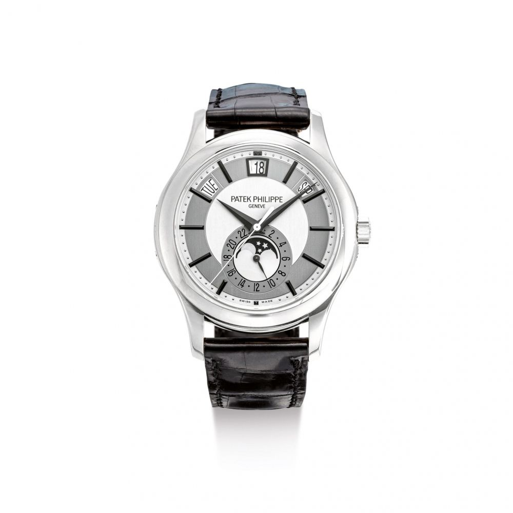 PATEK PHILIPPE | REFERENCE 5205, A WHITE GOLD ANNUAL CALENDAR WRISTWATCH WITH MOON PHASES AND 24 HOURS INDICATION, CIRCA 2017 | 百達翡麗 | 型號5205 白金年曆腕錶，備月相及24小時顯示，機芯編號7010857，錶殼編號6130480，約2017年製