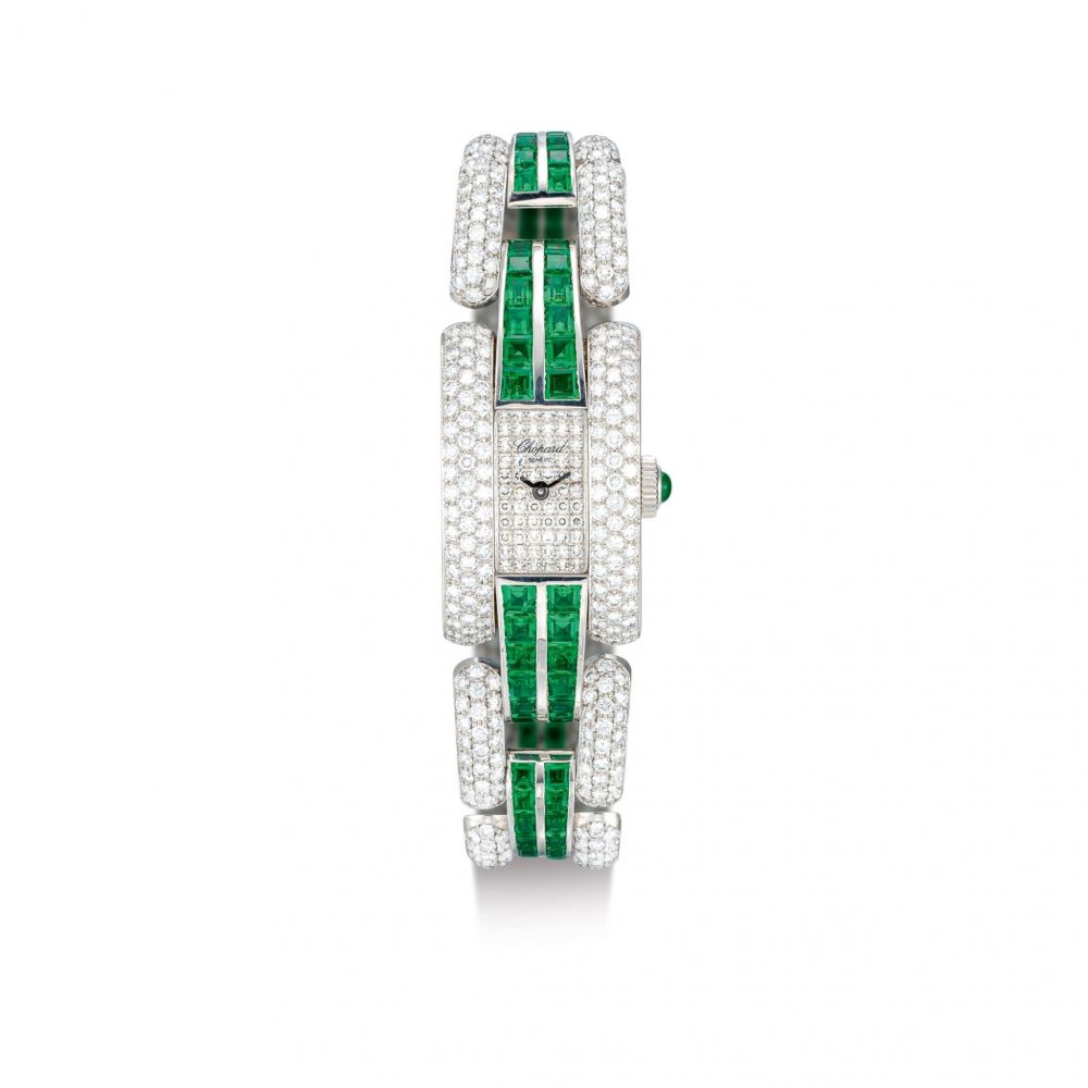 CHOPARD | LA STRADA, REFERENCE 428 1, A WHITE GOLD, DIAMOND AND EMERALD-SET BRACELET WATCH, CIRCA 1995 | 蕭邦 | La Strada 型號428 1 白金鑲鑽石及綠寶石鏈帶腕錶，錶殼編號491468，約1995年製