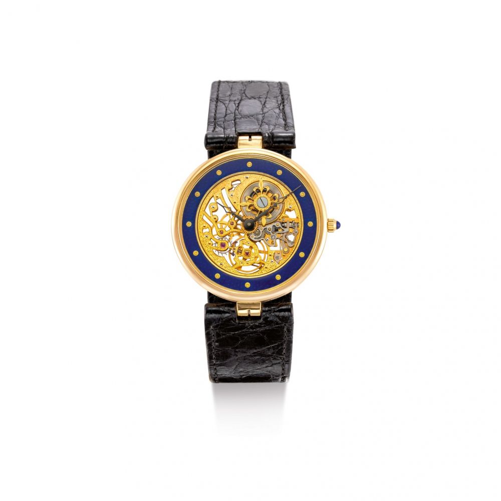 PATEK PHILIPPE | REFERENCE 3885, A YELLOW GOLD AND ENAMEL SKELETONIZED WRISTWATCH, CIRCA 1991 | 百達翡麗 | 型號3885 黃金鑲琺瑯鏤空腕錶，機芯編號1389273，錶殼編號2300762，約1991年製