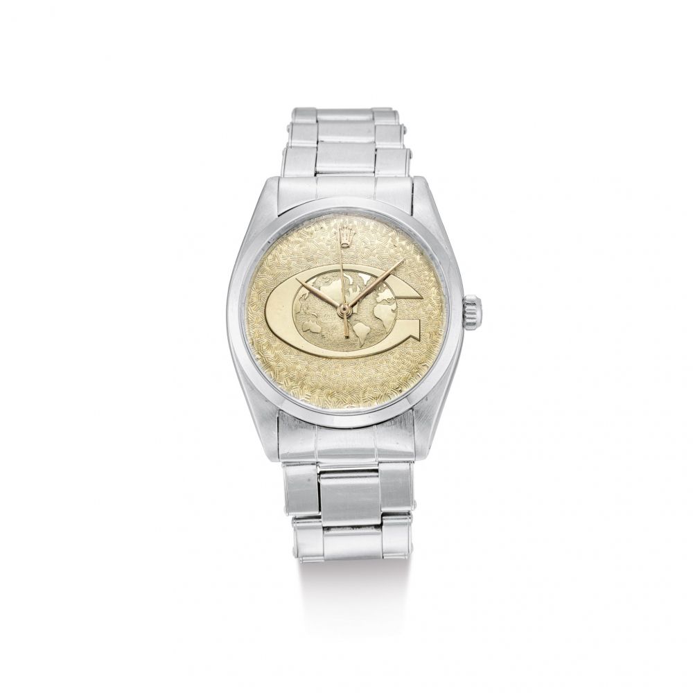 ROLEX | EXPLORER, REFERENCE 5504, A STAINLESS STEEL WRISTWATCH WITH GLOBAL INSURANCE LOGO DIAL AND BRACELET, CIRCA 1960 | 勞力士 | Explorer 型號5504 精鋼鏈帶腕錶，備Global Insurance Logo錶盤，錶殼編號373748，約1960年製