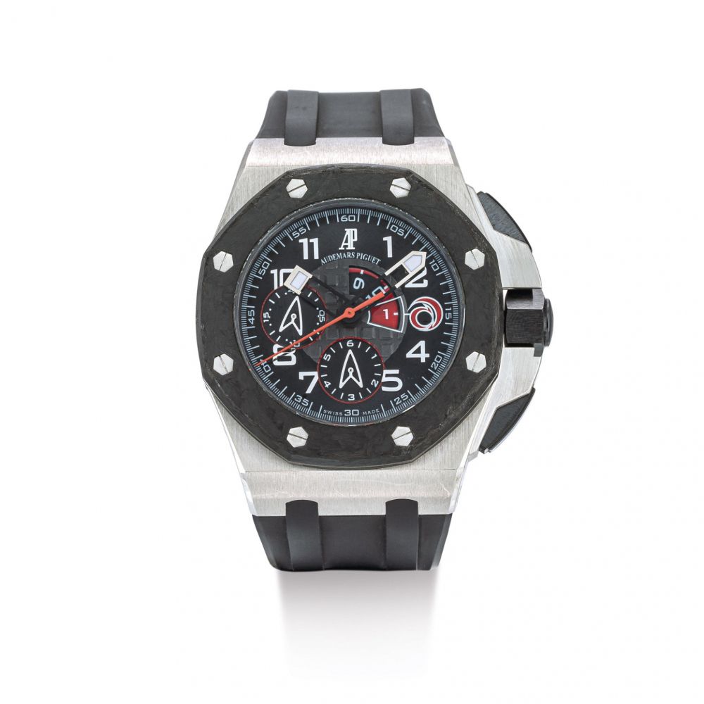 AUDEMARS PIGUET | ROYAL OAK OFFSHORE ALINGHI TEAM, REFERENCE 26062, A LIMITED EDITION PLATINUM FLYBACK CHRONOGRAPH WRISTWATCH WITH REGATTA COUNTDOWN, CIRCA 2014 | 愛彼 | Royal Oak Offshore Alinghi Team 型號26062 限量版鉑金飛返計時腕錶，備賽艇倒計時，機芯編號668643，錶殼編號F91513及68/107