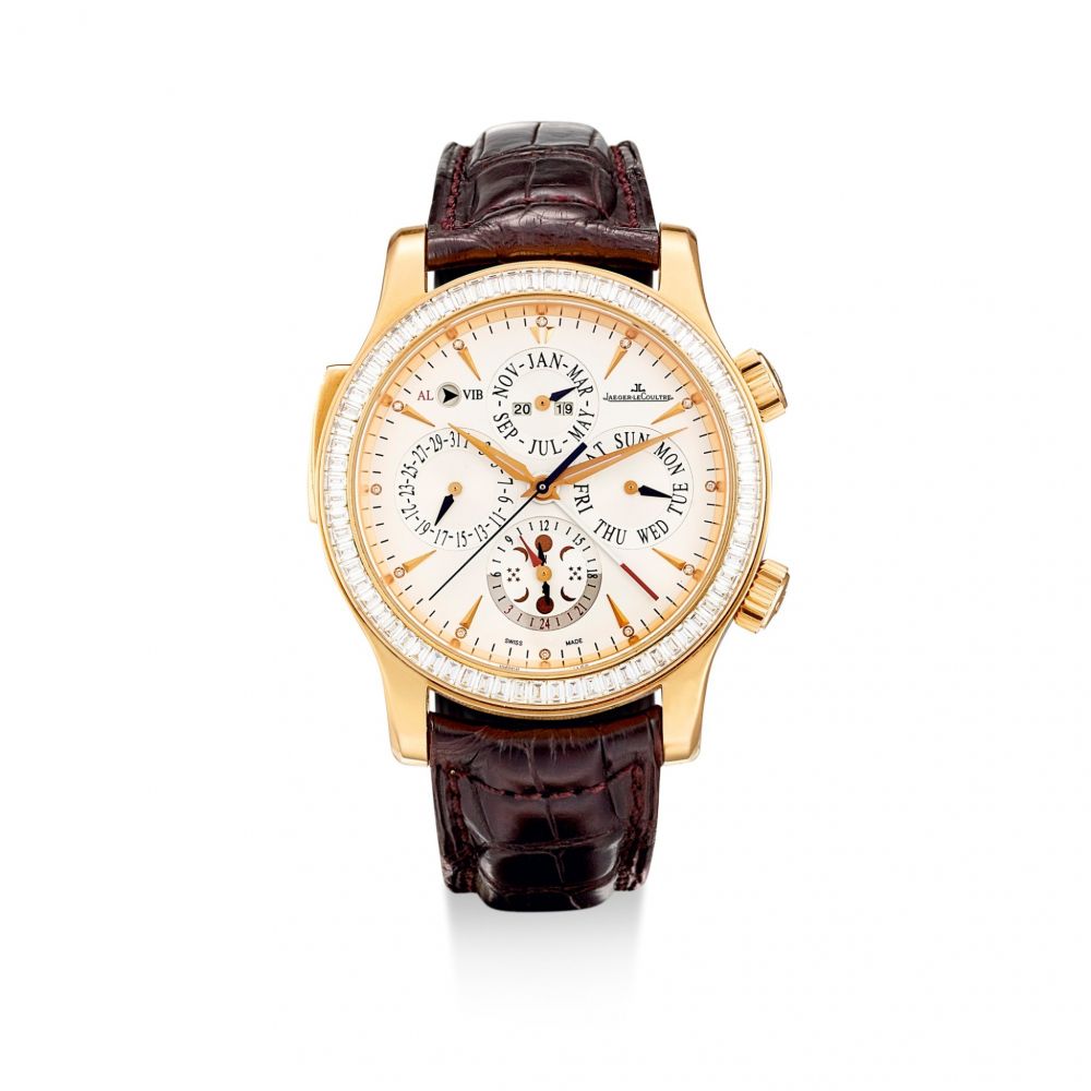 JAEGER-LECOULTRE | MASTER GRAND REVEIL, REFERENCE 149.2.95, A UNIQUE PINK GOLD AND DIAMOND-SET PERPETUAL CALENDAR WRISTWATCH WITH ALARM, MOON PHASES AND 24 HOURS INDICATION, CIRCA 2009 | 積家 | Master Grand Reveil 型號149.2.95 獨一無二粉紅金鑲鑽石萬年曆腕錶，備鬧鈴裝置、月相及24小時顯示，