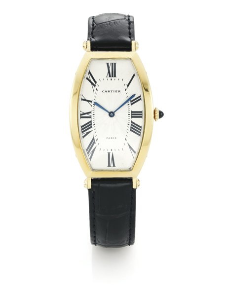 Cartier AN 18K YELLOW GOLD TONNEAU-SHAPE CURVED AUTOMATIC WRISTWATCH REF 560-91 CASE A-107837 CINTREE, CIRCA 1990