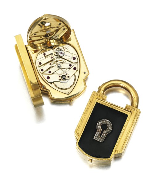 Gustave Sandoz A RARE AND UNUSUAL YELLOW GOLD AND DIAMOND-SET PADLOCK WATCH NO 598 CIRCA 1880