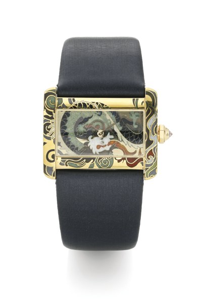 Cartier A LADY'S LIMITED EDITION YELLOW GOLD AND ENAMEL RECTANGULAR WRISTWATCH WITH DRAGON MOTIF NO 03/20 CASE 2601 DIVAN CIRCA 2000