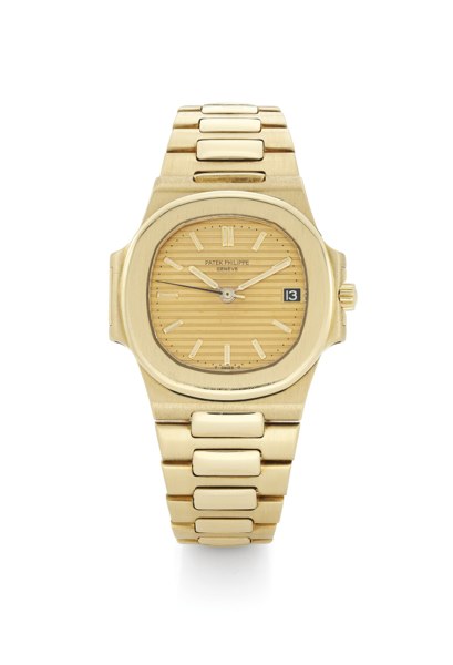 Patek Philippe A FINE 18K YELLOW GOLD AUTOMATIC CENTRE SECONDS WRISTWATCH WITH BRACELET AND DATE REF 3800/1 MVT 1420050 CASE 556298 NAUTILUS MADE IN 1982