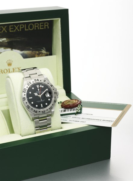 Rolex A RARE STAINLESS STEEL AUTOMATIC TWO TIME ZONE MILITARY WRISTWATCH WITH DATE, CENTRE SECONDS AND BRACELET MADE FOR THE SPECIAL RECONNAISSANCE REGIMENT REF 16570 CASE Z647196 EXPLORER II CIRCA 2007