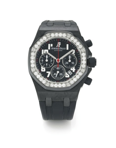 Audemars Piguet A LADY'S CARBON FIBER AND DIAMOND-SET AUTOMATIC CHRONOGRAPH WRISTWATCH WITH REGISTERS AND DATE CASE 675785 NO 0263 ROYAL OAK OFFSHORE CIRCA 2005