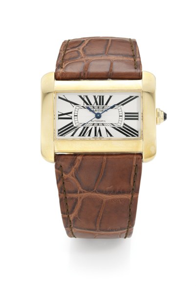 Cartier AN 18K YELLOW GOLD AUTOMATIC CENTRE SECONDS RECTANGULAR WIRSTWATCH REF CE 2603 CASE 267081 DIVAN CIRCA 2008