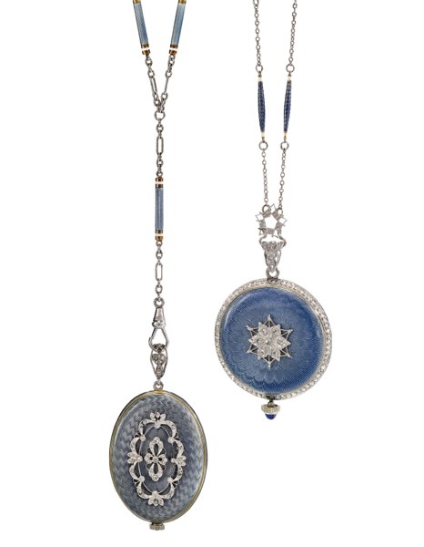 Agassiz Watch Co. and Swiss A LOT OF TWO LADY'S 18K YELLOW GOLD, PLATINUM, ENAMEL AND DIAMOND-SET PENDANT WATCHES CIRCA 1910