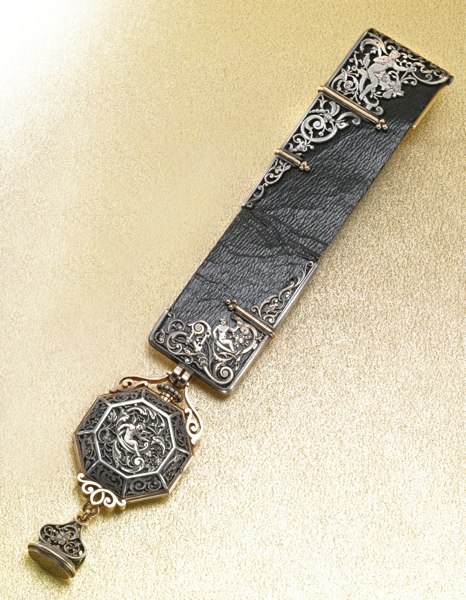 Boucheron/Alfred Menu A UNIQUE PINK GOLD AND SILVER RENAISSANCE REVIVAL STYLE WATCH WITH MATCHING SILVER AND GOLD MOUNTED LEATHER CHATELAINE 1883