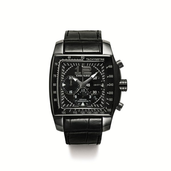 Chopard A LIMITED EDITION BLACKENED STAINLESS STEEL TONNEAU-FORM AUTOMATIC CHRONOGRAPH WRISTWATCH WITH REGISTERS AND DATE CIRCA 2010 TWO O TEN "ALL BLACK" NO 152/500