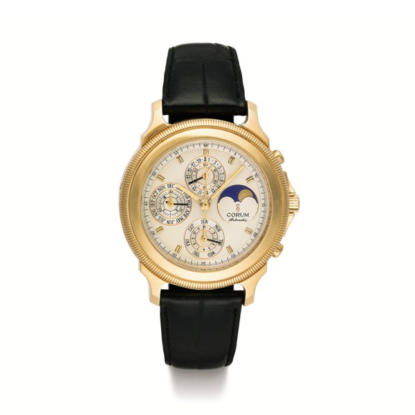 Corum A LIMITED EDITION YELLOW GOLD AUTOMATIC PERPETUAL CALENDAR CHRONOGRAPH WRISTWATCH WITH REGISTERS, MOON-PHASES AND LEAP YEAR DISPLAY CIRCA 1995 NO 88/100B