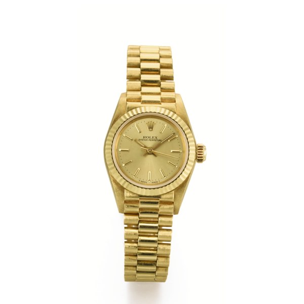 Rolex A LADY'S YELLOW GOLD AUTOMATIC BRACELET WATCH WITH CENTER SECONDS CIRCA 1980 REF 67000 OYSTER PERPETUAL