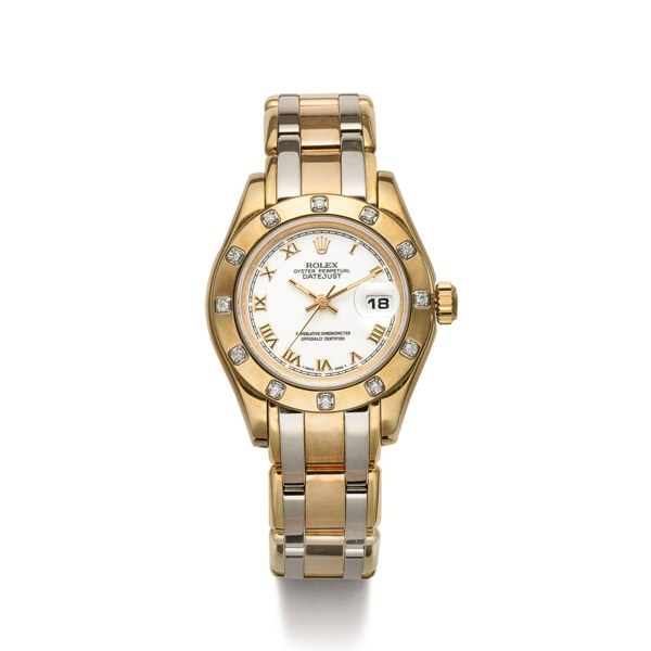 Rolex A LADY'S THREE COLOURED GOLD AND DIAMOND-SET AUTOMATIC WRISTWATCH WITH CENTRE SECONDS, DATE AND BRACELET CIRCA 1994 REF 69318 CASE S146751 DATEJUST PEARLMASTER