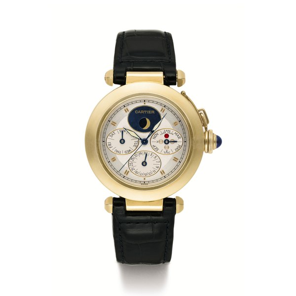 Cartier A FINE YELLOW GOLD AUTOMATIC CENTER SECONDS PERPETUAL CALENDAR WRISTWATCH WITH MOON-PHASES AND LEAP YEAR INDICATION CIRCA 2000 PASHA
