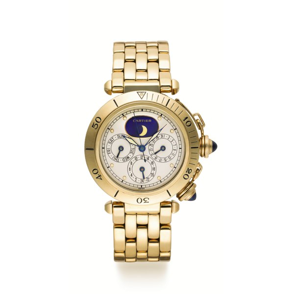 Cartier A YELLOW GOLD DUAL TIME CENTER SECONDS BRACELET WATCH WITH MOON-PHASES CIRCA 2000 PASHA