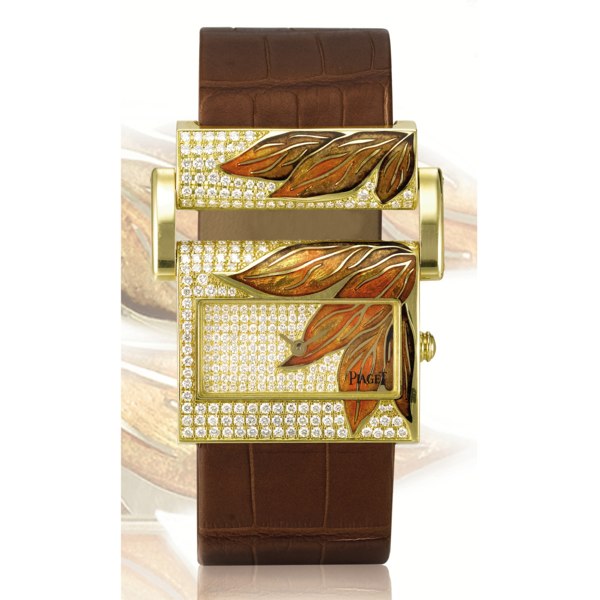 Piaget A FINE AND UNUSUAL LADY'S LIMITED EDITION YELLOW GOLD, DIAMOND-SET AND ENAMEL RECTANGULAR WRISTWATCH MADE IN 2005 REF P10316 SERIAL 938637 MISS PROTOCOLE 'AUTUMN